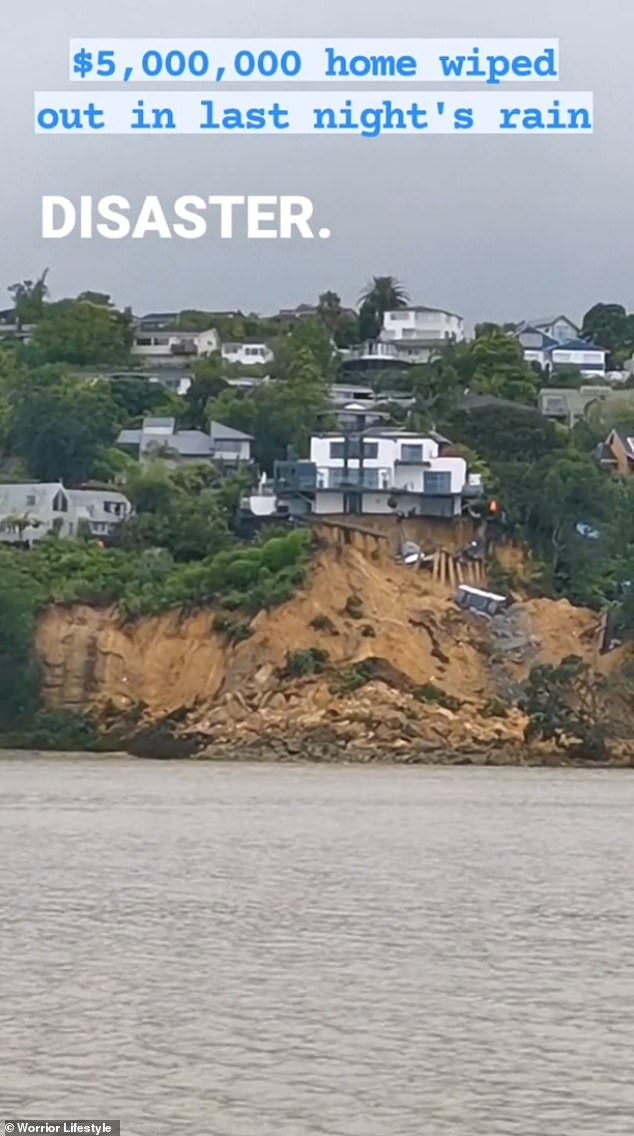 The footage captured a partially collapsed multi-million dollar mansion perched on the edge of a cliff eroded by torrential rain.