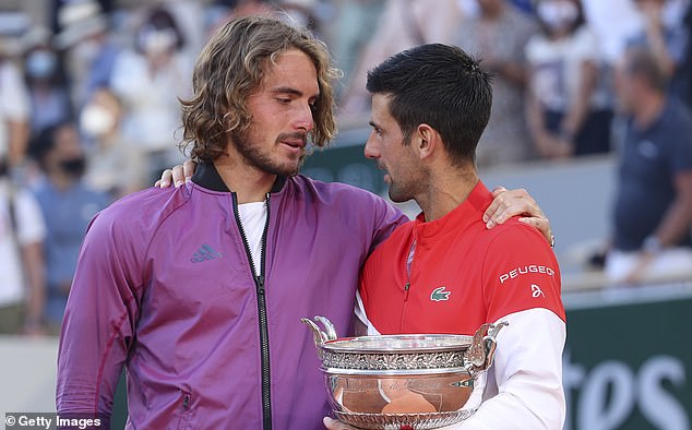 Novak Djokovic and Stefanos Tsitsipas pictured after the French Open final