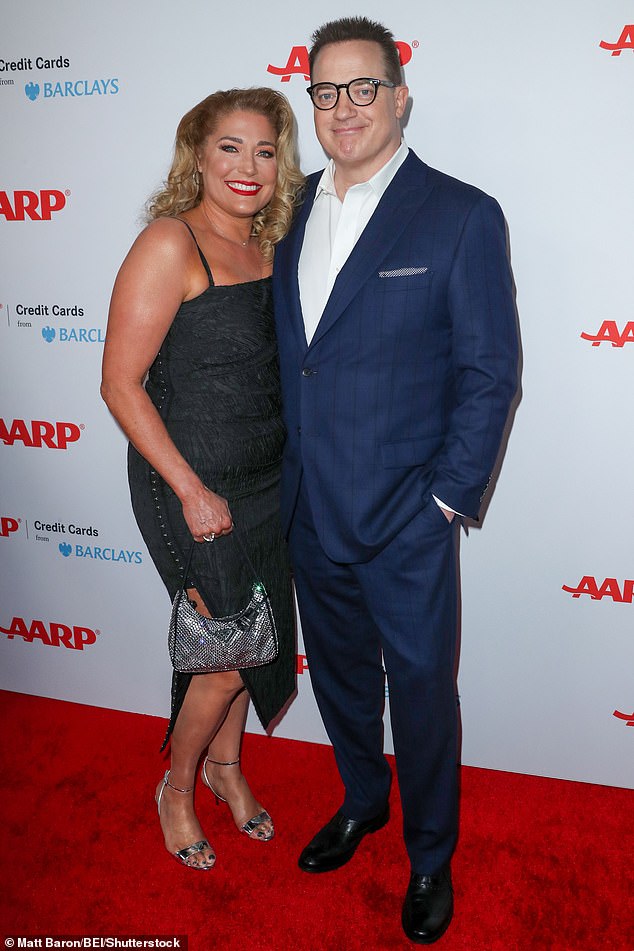 Support: The 54-year-old entertainer was joined by his longtime partner Jeanne Moore (pictured with Fraser) and his The Whale co-star Hong Chau on the red carpet