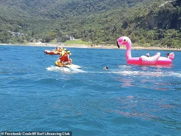 After an attempt to tow the flamingo failed, the men returned to the beach on jet skis.