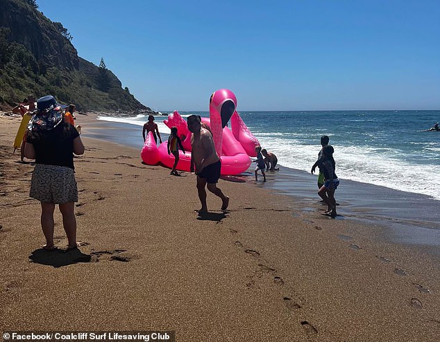 The 'infamous' pink flamingo sits safe and sound on the beach after Australia Day party