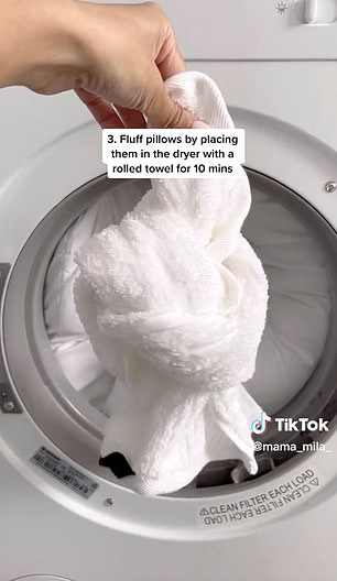 For pillows, put two at a time in the dryer with a rolled up towel or tennis ball.