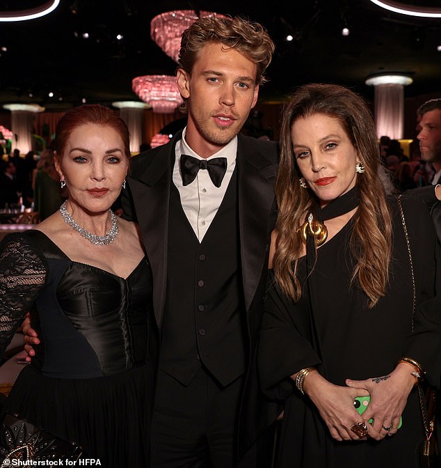 Gone too soon: Lisa Marie Presley, Elvis's daughter, joined Butler on the film's promotional tour and even watched him win his Golden Globe award this month, but she tragically passed away just days after that ceremony (from left From right: Priscilla Presley, butler, Lisa Marie)