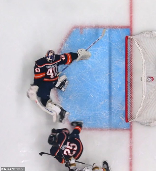 Varlamov extended his stick to stop a shot from Golden Knights left winger Reilly Smith.