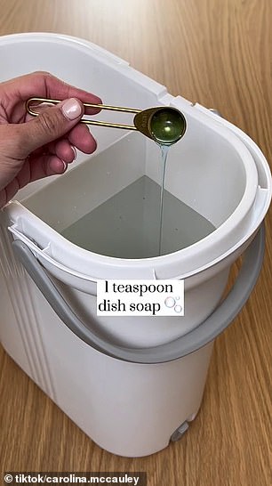 In a two-compartment bucket, mom fills one side with hot water, then adds a cup of vinegar, a teaspoon of dishwashing liquid, and 20 drops of citrus essential oil.