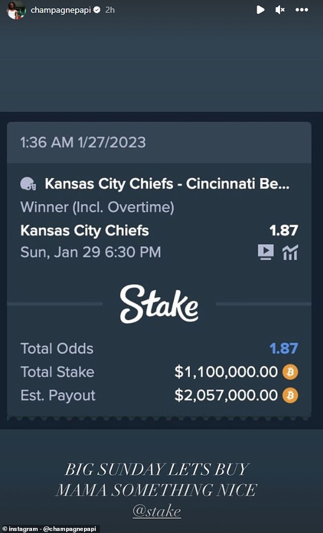 On his Instagram Story, he revealed that he spent $1.1 million for the Chiefs to beat the Bengals.