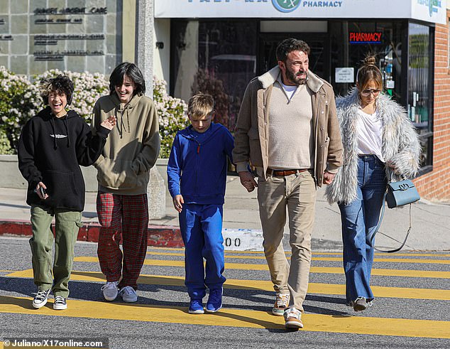 Absent: The wedding was not attended by ex-wife Jennifer Lopez, her new husband Ben Affleck, nor the former couple's 14-year-old twins Emme and Max, who were seen with their children on Sunday;  LR Emme Muñiz, Serafina Affleck, Samuel Affleck, Ben and Jen