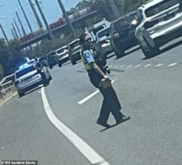 A police officer was seen carrying a brown paper bag as he crossed the busy highway after picking up some scattered $100 bills.