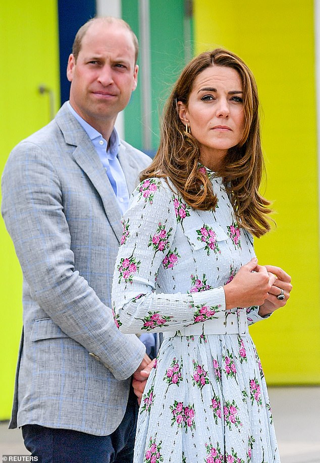 Kate (pictured with Prince William) was previously photographed wearing the earrings during a visit to Wales in 2020 (pictured)