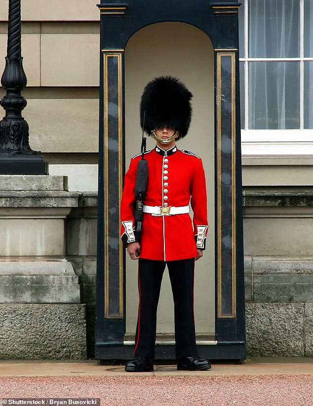 Sentry boxes, seen at most royal residences including Buckingham Palace, are manned by guards during the day but kept empty at night (Pictured: Guard at Buckingham Palace, image archive)