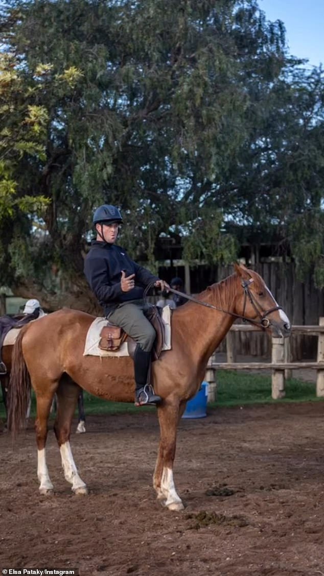 In one image, Chris was joking while wearing a helmet on top of a horse.