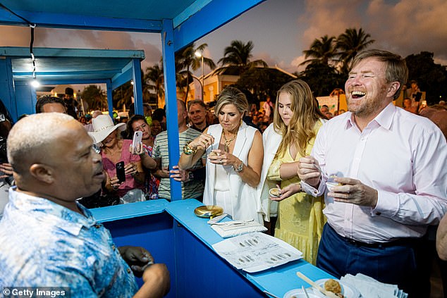 Shrill: Meanwhile, the king appeared to be laughing out loud as he spoke to one of the residents during the engagement on Bonaire