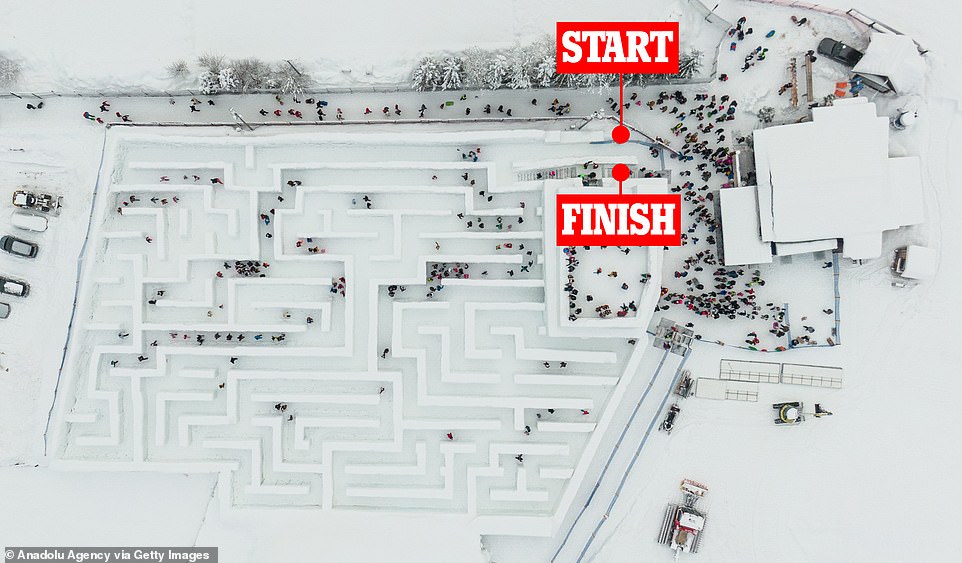 An aerial view of the Snowlandia winter theme park maze as people try to find their way out in Zakopane, Poland on January 21, 2023.