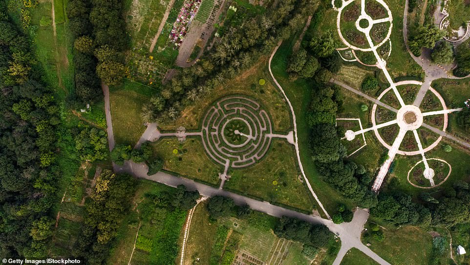 Aerial view of the beautiful green labyrinth in the botanical garden named after MM Grishka, kyiv, Ukraine