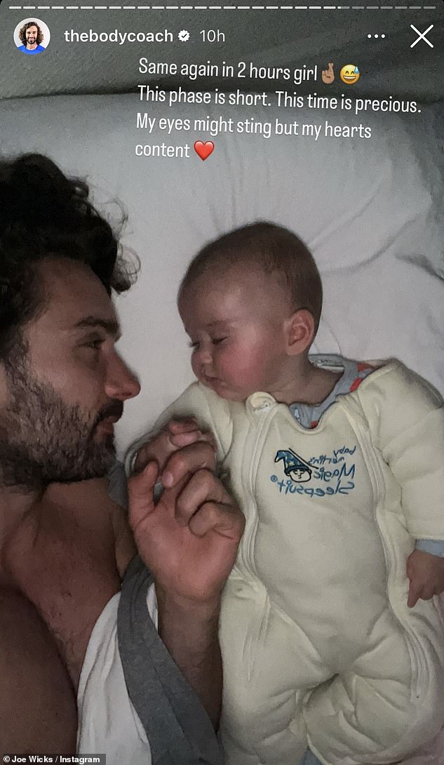 Sweet: Finishing off the process, Joe took another selfie with his sleeping daughter, looking at her sweetly in bed.