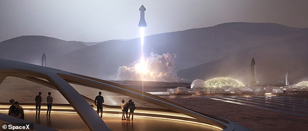 Vision: Starship has been built to take the first astronauts to Mars by 2030. This artist's impression shows what it could look like lifting off from the Red Planet