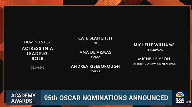 And the nominees are: Riseborough was nominated alongside Cate Blanchett for Tár, Ana DeArmas for Blonde, Michelle Williams for The Fabelmans and winner Michelle Yeoh for Everything Everywhere All at Once.