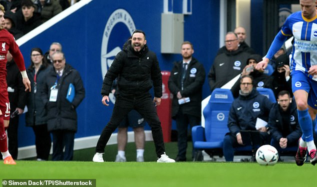 Brighton boss Roberto De Zerbi frequently whistled to his players on the touchline at the Amex