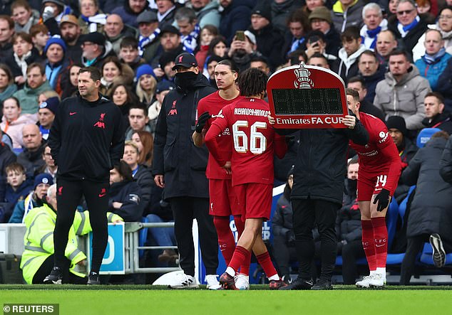 Trent Alexander-Arnold looked visibly disappointed when he hooked up in the second half.