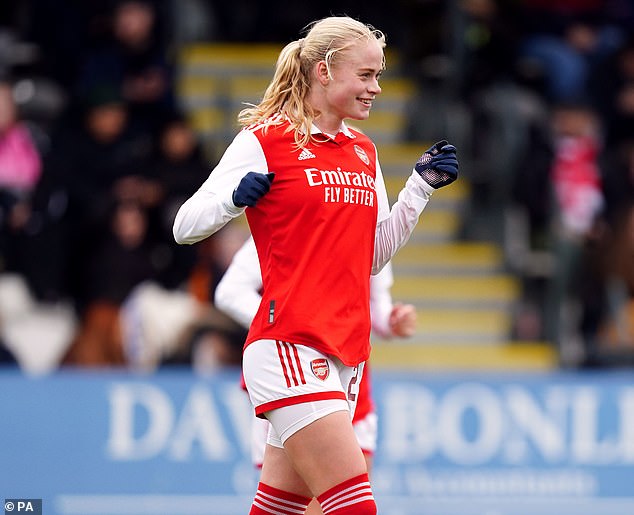 Recent signing Kathrine Moller Kuhl celebrates after her goal for Arsenal against Leeds