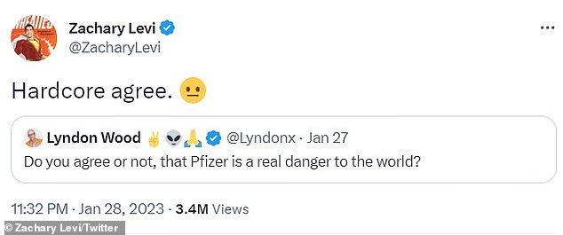 Response: The actor tweeted a post from an account espousing anti-vaccine views that claimed Pfizer was 