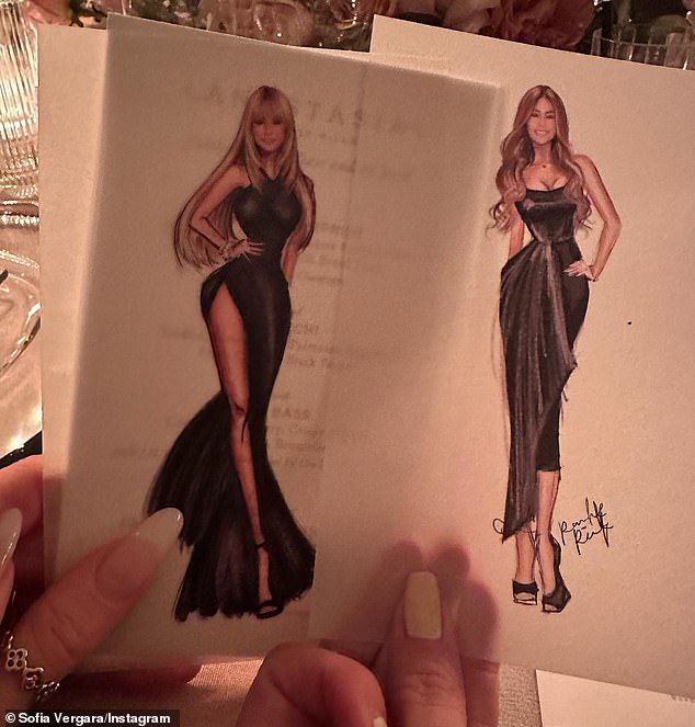 Sketched perfection: Sofia later compared her resemblance to Heidi Klum holding copies of her sketches side by side at the dinner table