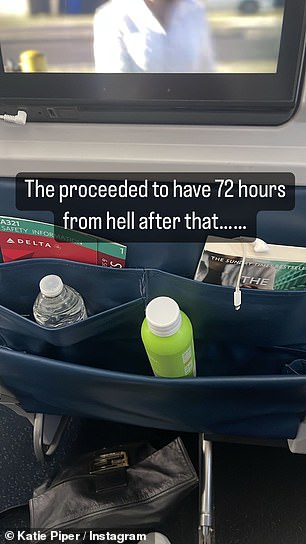 Uh-oh: In another post taken from her seat on the plane, Katie added: 'So she proceeds to have 72 hours of hell after that...'