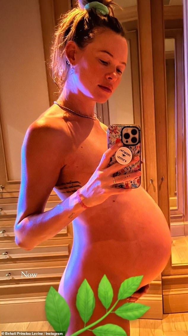 Counting the days: Behati has also been keeping her followers up to date by sharing photos that show off her burgeoning baby bump, including a nude snap she uploaded to her Instagram Story last month in December.
