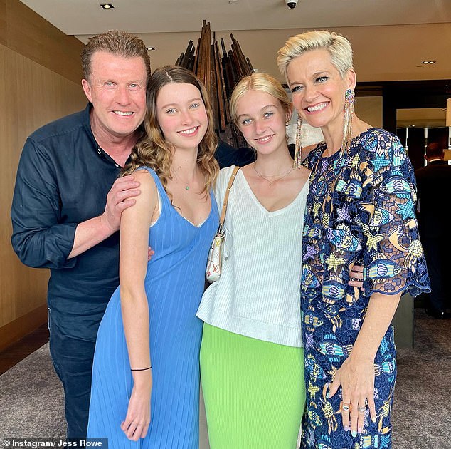 Jessica and Peter, who have been married since 2004, also share a 13-year-old daughter, Giselle.  (Pictured from left to right: Peter, Giselle, Allegra, Jessica)