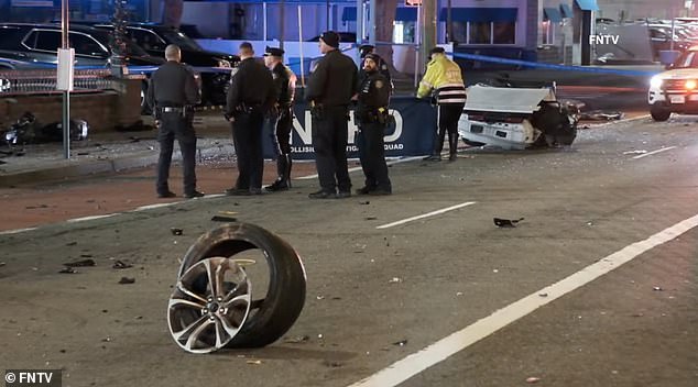 A tire removed from the vehicle is seen after