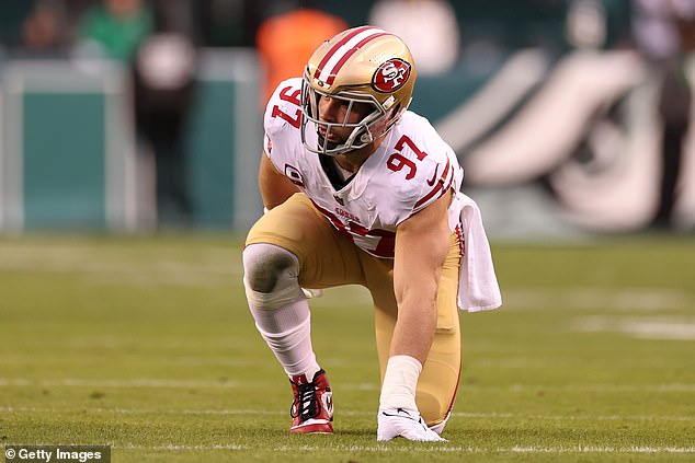 San Francisco's Nick Bosa #97 lines up against the Philadelphia Eagles during the first quarter in the NFC Championship Game at Lincoln Financial Field on Sunday.