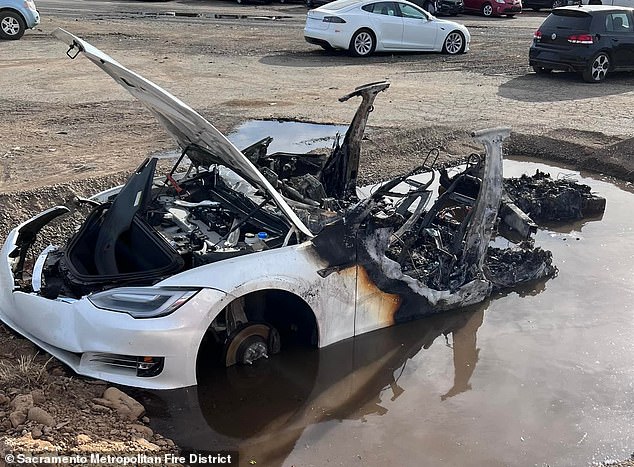 Firefighters from the Sacramento Metropolitan Fire District dug a hole and used 4,500 gallons of water to put out the Tesla's flames in June.