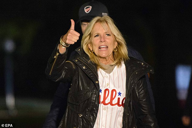 First lady Jill Biden grew up in suburban Philadelphia and has been a fan of the Philadelphia Phillies since she was a child.  She was sporting a Phillies jersey after her team won their series against the San Diego Padres.