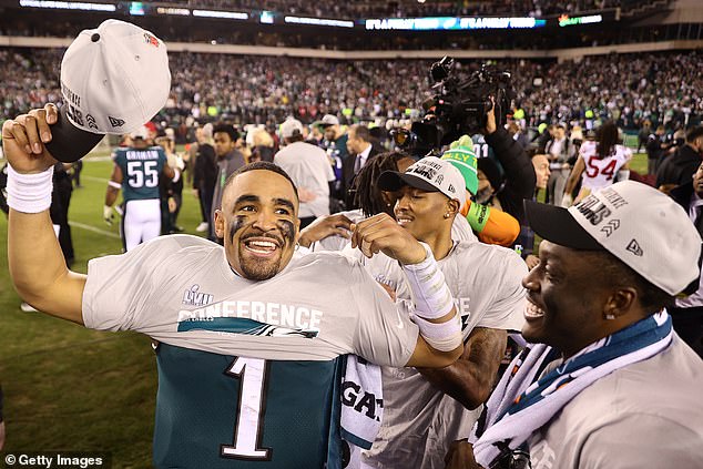 Jalen Hurts (pictured) had one of Philadelphia's four rushing touchdowns as the Eagles rocketed to the Super Bowl, forcing both San Francisco quarterbacks out of the game with injuries and beating the injured 49ers on Sunday.