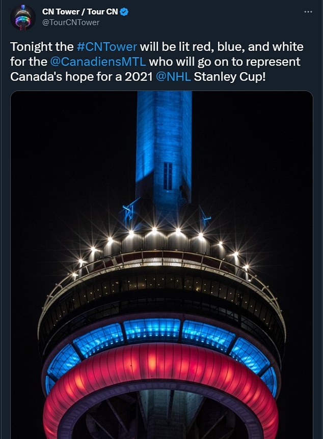 This isn't the first time this has happened in North America: A Toronto landmark received similar treatment when the Montreal Canadiens reached the Stanley Cup Final.