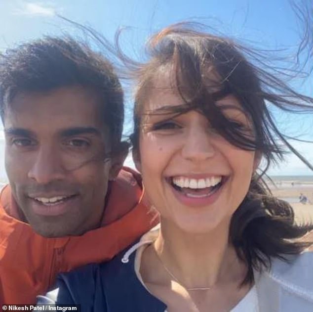 Adorable: Nikesh called the brunette beauty his 'favorite human otter' and a 'megababe' in his own snap, which saw the couple grinning from ear to ear as they enjoyed a trip to the beach (pictured in 2021)