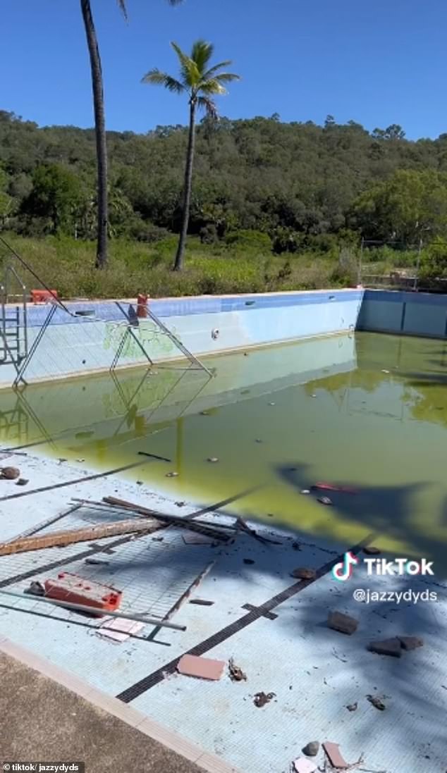 Australian traveler Jasmine Dyduła explored the deserted island with her mother and sister.  The images show the green pool of the abandoned complex, which has become a breeding ground for frogs.