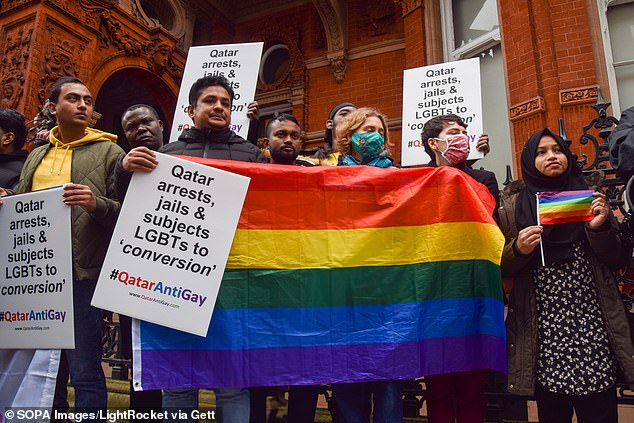 Protesters in London last year speaking out against Qatar's stance on LGBTQ+ rights ahead of the World Cup.