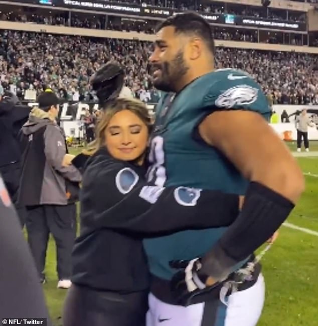 The 166kg, seven-foot-tall former NRL reject soaked up the moment with fiancée Niki Ikahihifo-Bender after the Eagles crushed San Francisco.