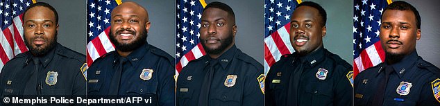 The officers charged with murder are L-R: Demetrius Haley, Desmond Mills Jr., Emmitt Martin III, Tadarrius Bean, and Justin Smith.