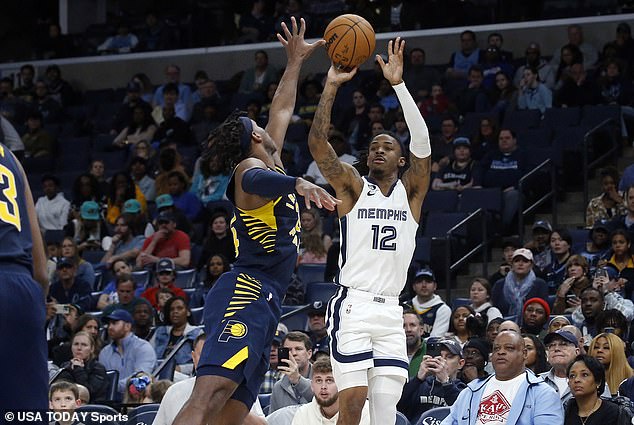 Morant shoots a three-pointer during the second half against the Indiana Pacers on Sunday night