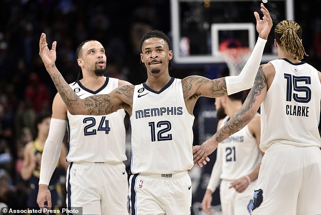 Morant celebrates in the second half of an NBA basketball game against the Indiana Pacers