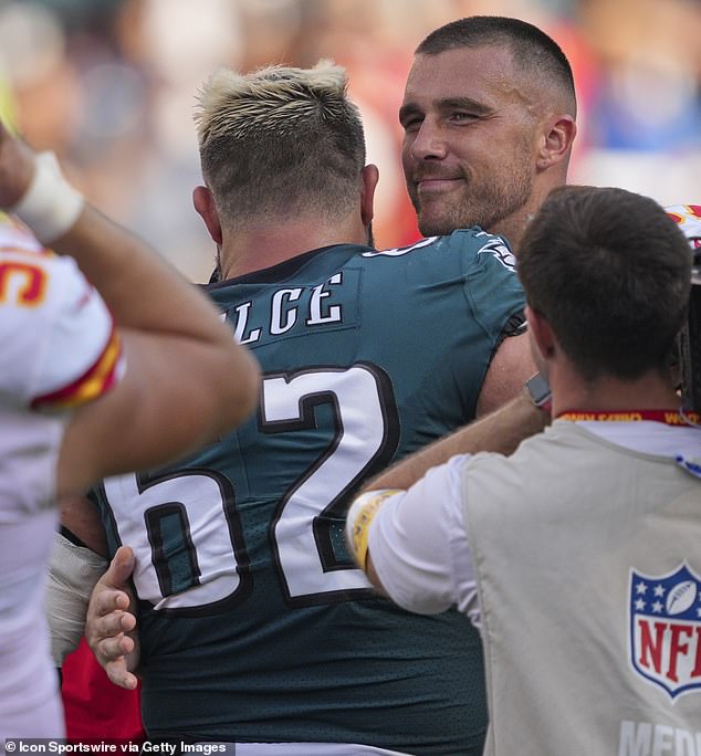 Travis Kelce (facing camera) and KC have recently outperformed their brother Jason & the Eagles