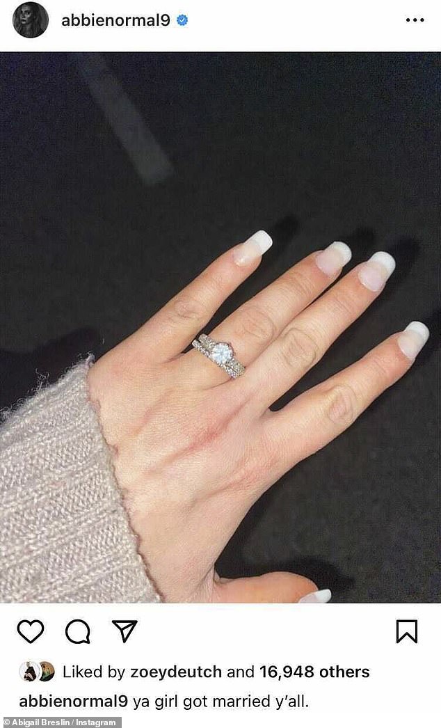 'Ya girl got married': The Little Miss Sunshine star, 26, announced the happy news with a snap showing off her stunning wedding ring and band, with the caption, 'Ya girl got married to you'