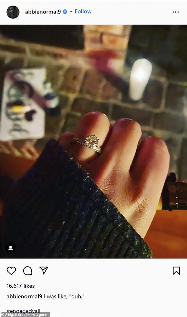 Milestone: At the time, the star posted a close-up to Instagram of the sparkling ring on her finger, writing: 'I was like, "duh" #engagedeveryone'