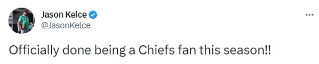 Jason Kelce gave himself three hours Sunday to cheer on his brother, Travis, and the Chiefs.