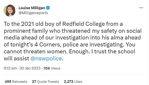 The ABC journalist revealed that a graduate of Redfield College in Dural, northwest of Sydney, had sent her a threatening message.