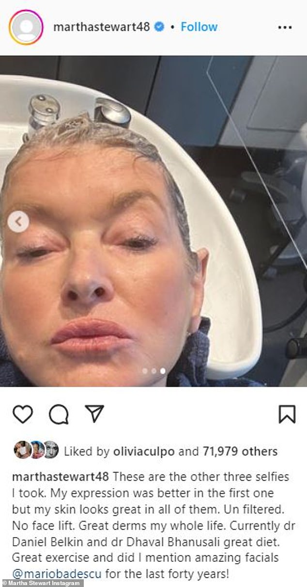 There are no filing cabinets.  No facelift': The lifestyle expert also shared three more photos of her complexion in a second Instagram post on Sunday, where she boasted of having 'great skin'