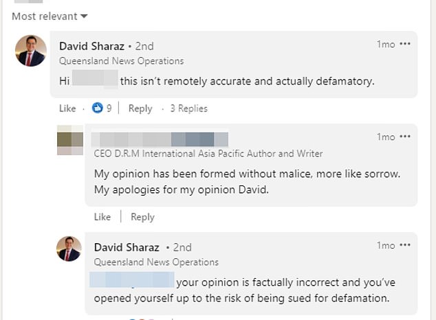 David Sharaz told the business executive the post was 'defamatory' in two comments (pictured)