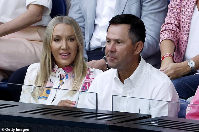 Australian cricket legend Ricky Ponting and his wife Rianna Jennifer Cantor watch as Djokovic went ahead in the first set